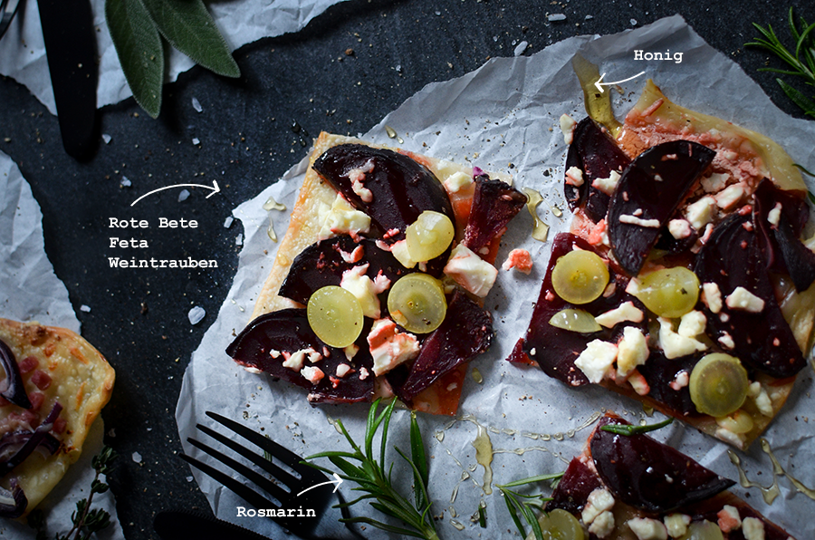 Flammkuchen mit Roter Bete, Feta und Honig