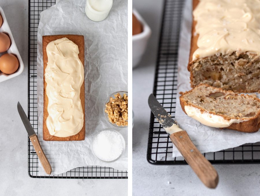 Bananenkuchen mit Walnüssen und einer Frischkäse-Glasur, salzig-karamellig