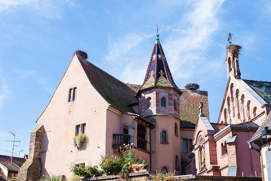 Häuserensemble in Eguisheim mit Kirche, Turm und Storchennestern auf den Dächern
