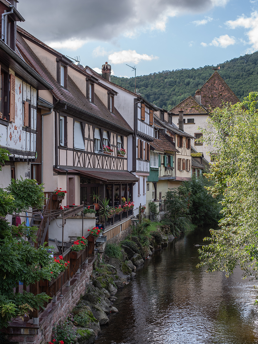 Fachwerkhäuser am Fluss in Kaysersberg mit Brücke und üppigem Grün