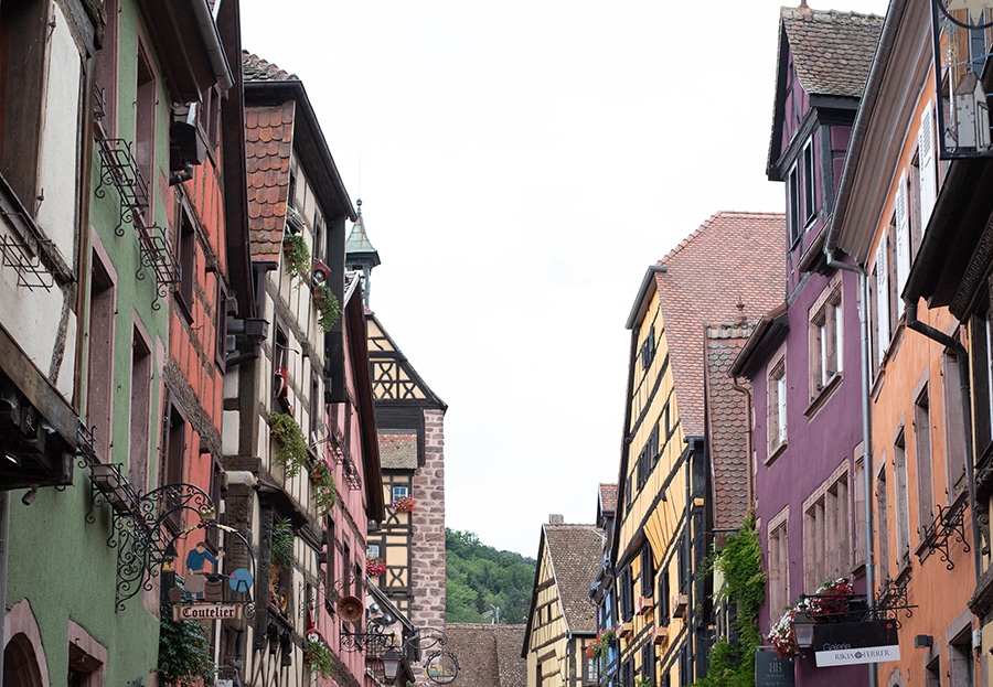 Dolder-Turm von Riquewihr mit Fachwerkfassade und Blumenschmuck