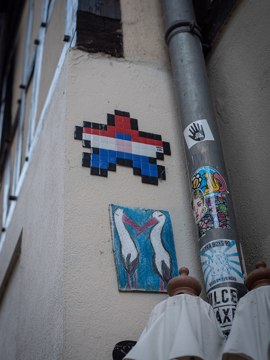 Wandkunst in Straßburg mit zwei Störchen und einem Pixel-Mosaik in Rot-Weiß-Blau