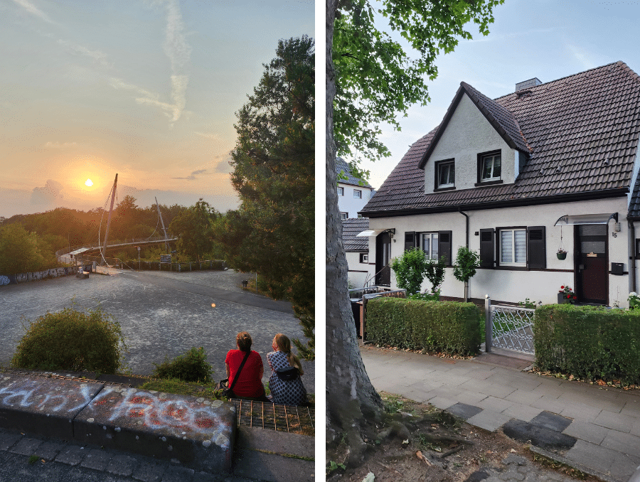 Sonnenuntergang im Westpark Bochum mit Blick auf das Viertel Hordel und ein Wohnhaus