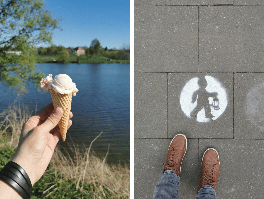 Spaziergang am See mit Eis in der Hand und Fußgänger-Symbol auf Asphalt
