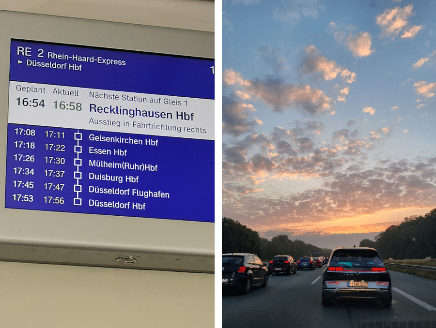 Zuganzeigetafel und Autobahnverkehr im Ruhrgebiet bei Sonnenuntergang