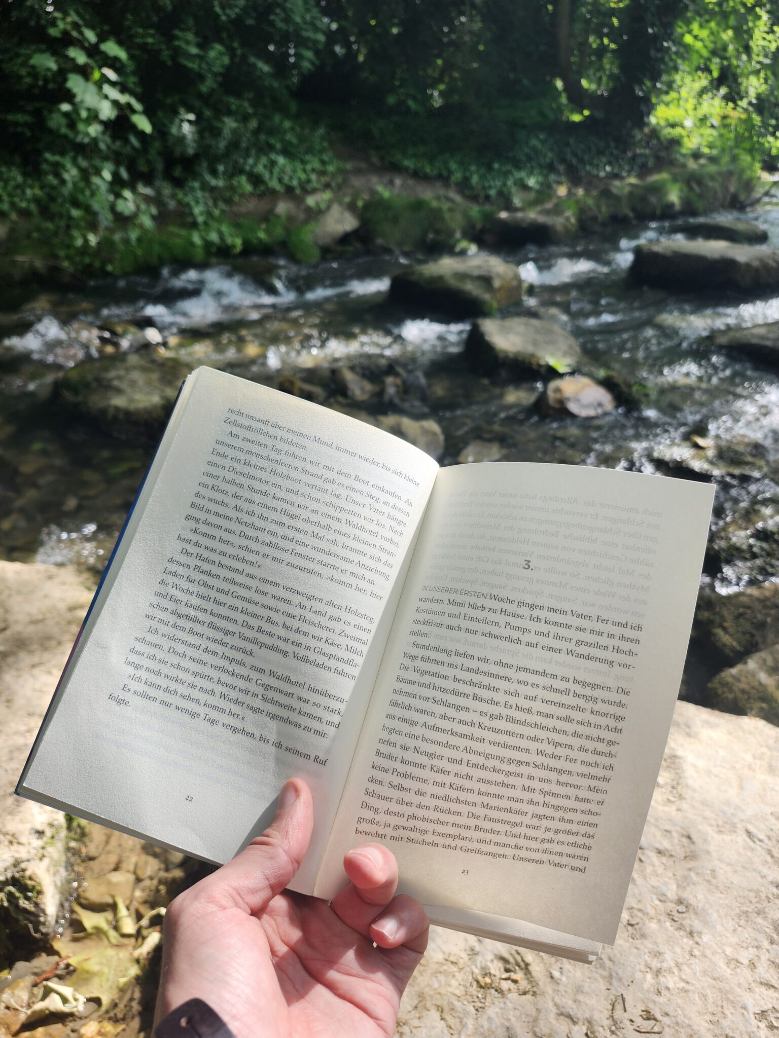 Aufgeschlagener Roman „Damals im Sommer“ von Florian Gottschick am Fluß