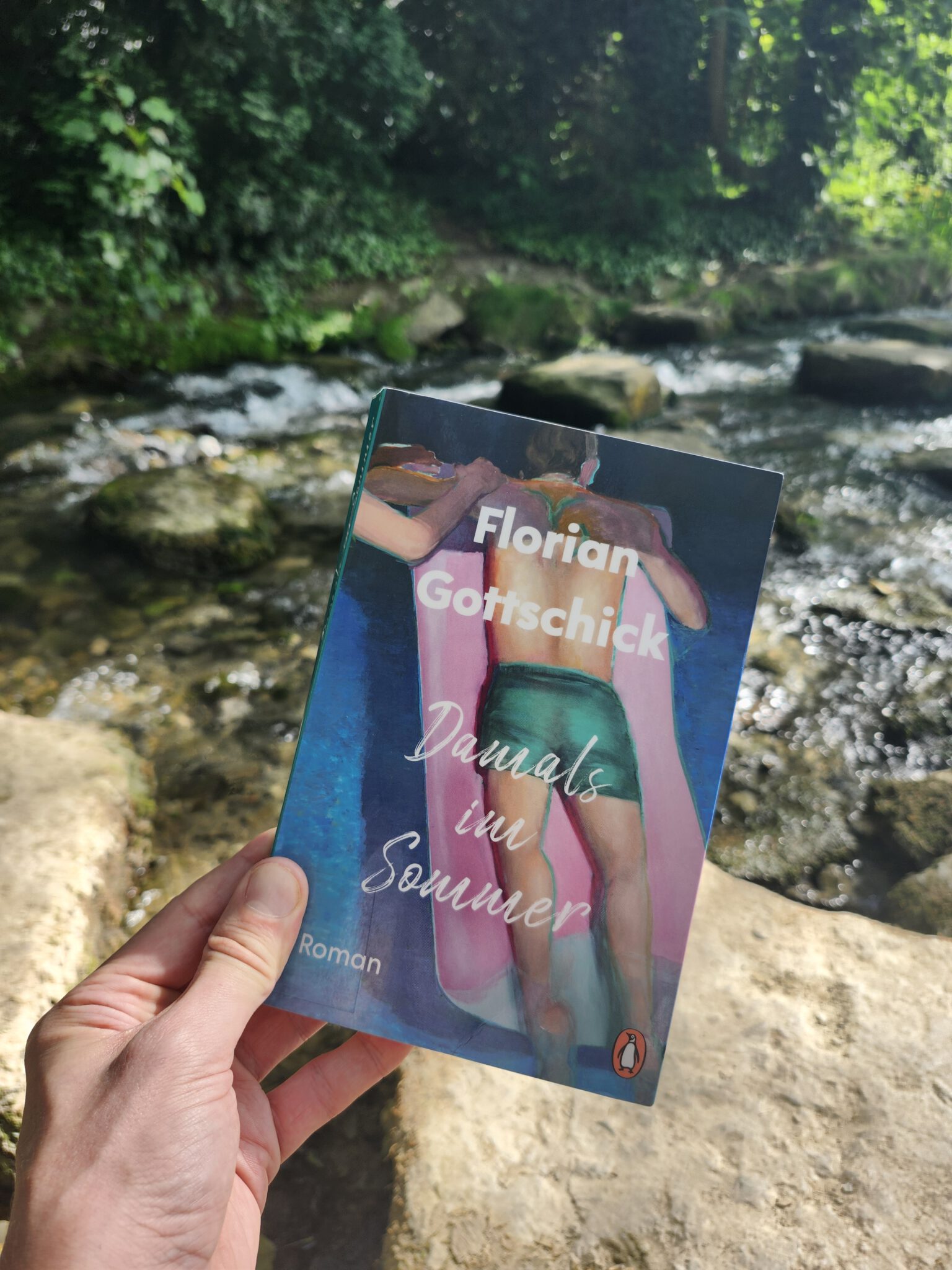 Hand hält den Roman „Damals im Sommer“ von Florian Gottschick vor grünem Hintergrund am Fluß