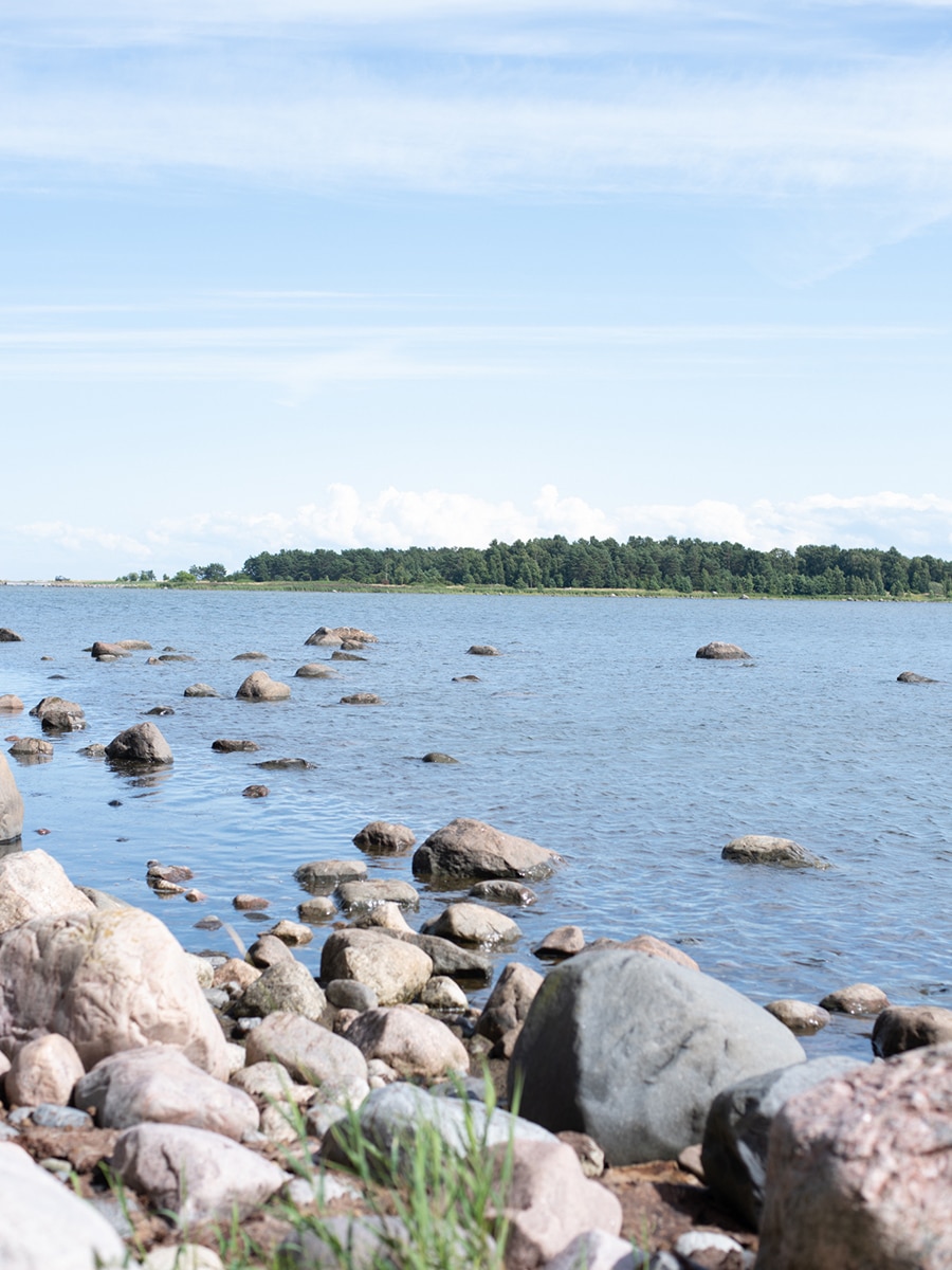 Steiniger Strand auf der Insel Aegna mit Blick über die Ostsee