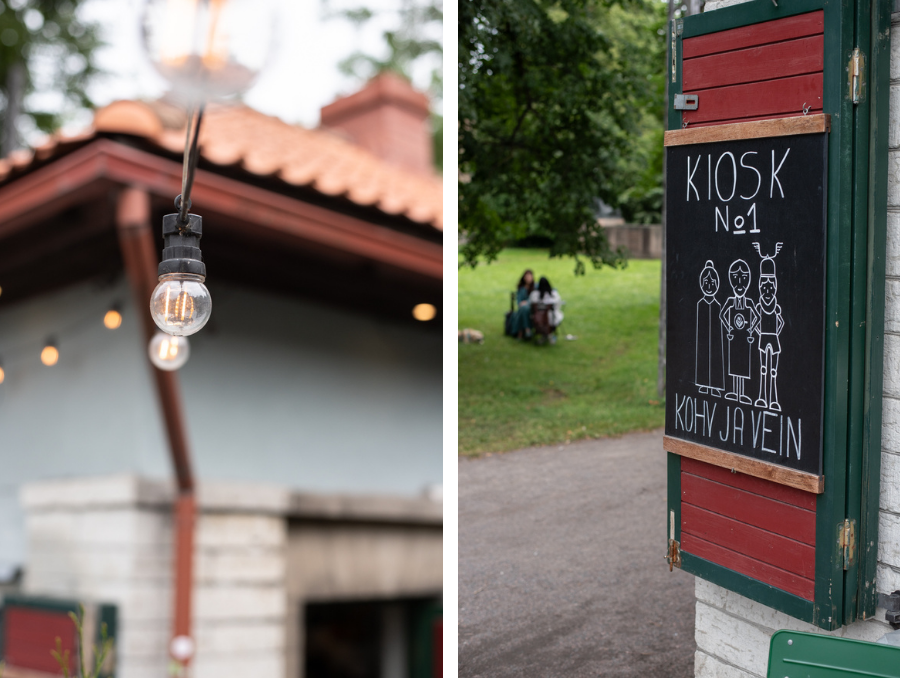 Detailansichten des Kiosk No. 1 in Tallinn mit Gebäudefassade und schwarzer Angebotstafel