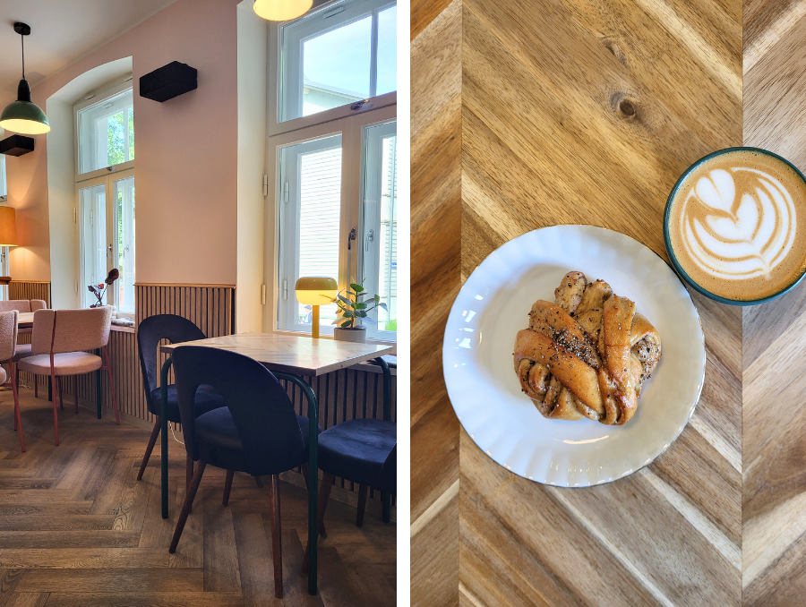 Innenraum des Kiosk No. 4 in Tallinn sowie Cappuccino und Gebäck auf einem Holztisch
