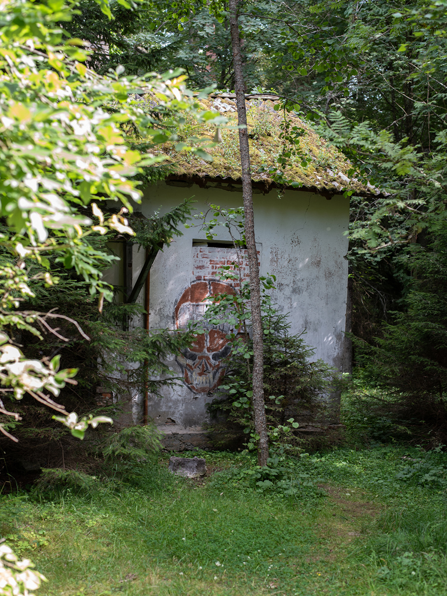 Verlassenes, überwuchertes Gebäude mit Graffiti im Wald auf der Insel Aegna