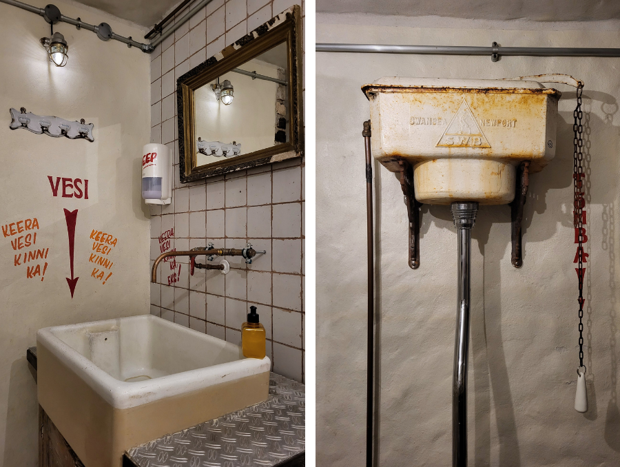 Collage mit Waschbecken und altem Spülkasten auf der Toilette des Kaja Pizza Köök in Tallinn
