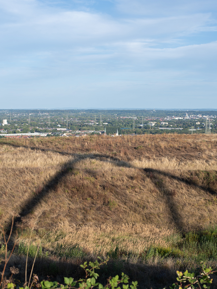 Lange Schatten auf den Wiesen der Halde Hoheward mit Blick über das Ruhrgebiet