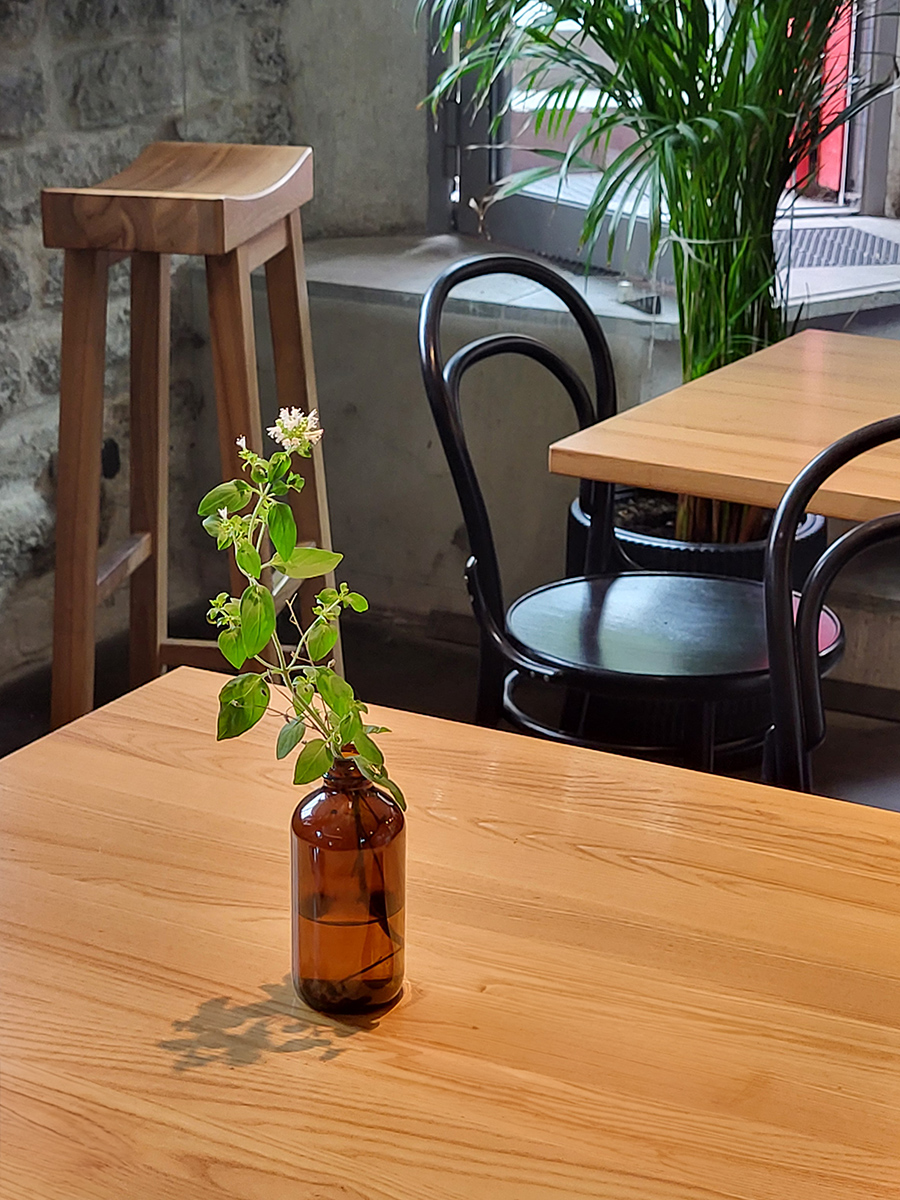 Holztisch mit kleiner Pflanze im T35 Breakfast Club in Tallinn