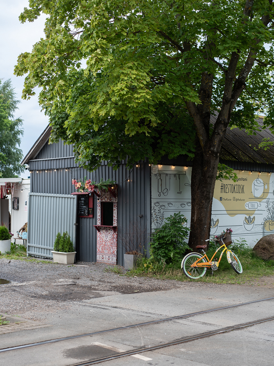 Straßenansicht von The Kurze in Tallinn mit Baum und unscheinbarem Eingang