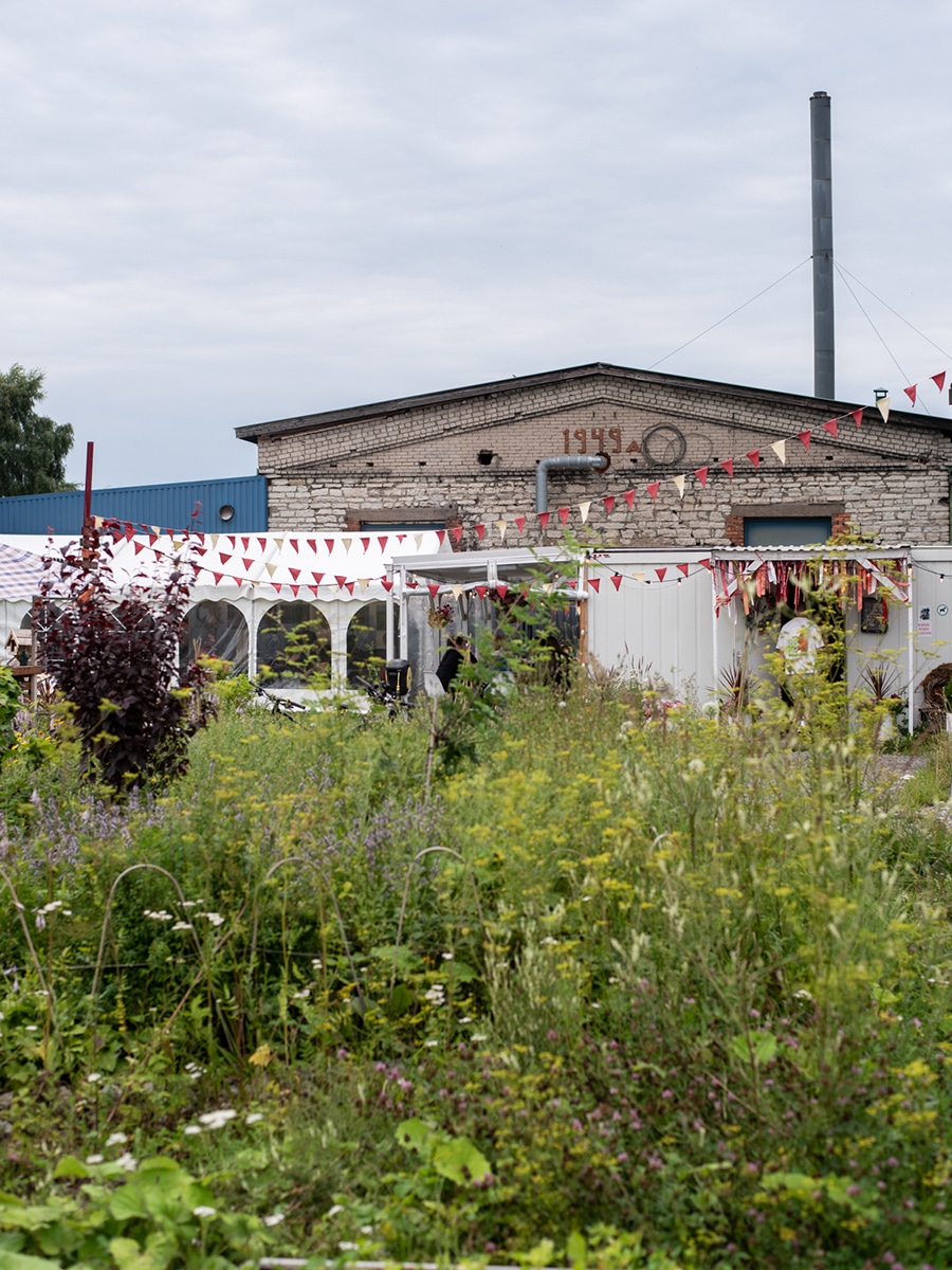 Weitläufiger Garten des Restaurants The Kurze in Tallinn mit Blumen, Sitzplätzen und altem Industriegebäude im Hintergrund